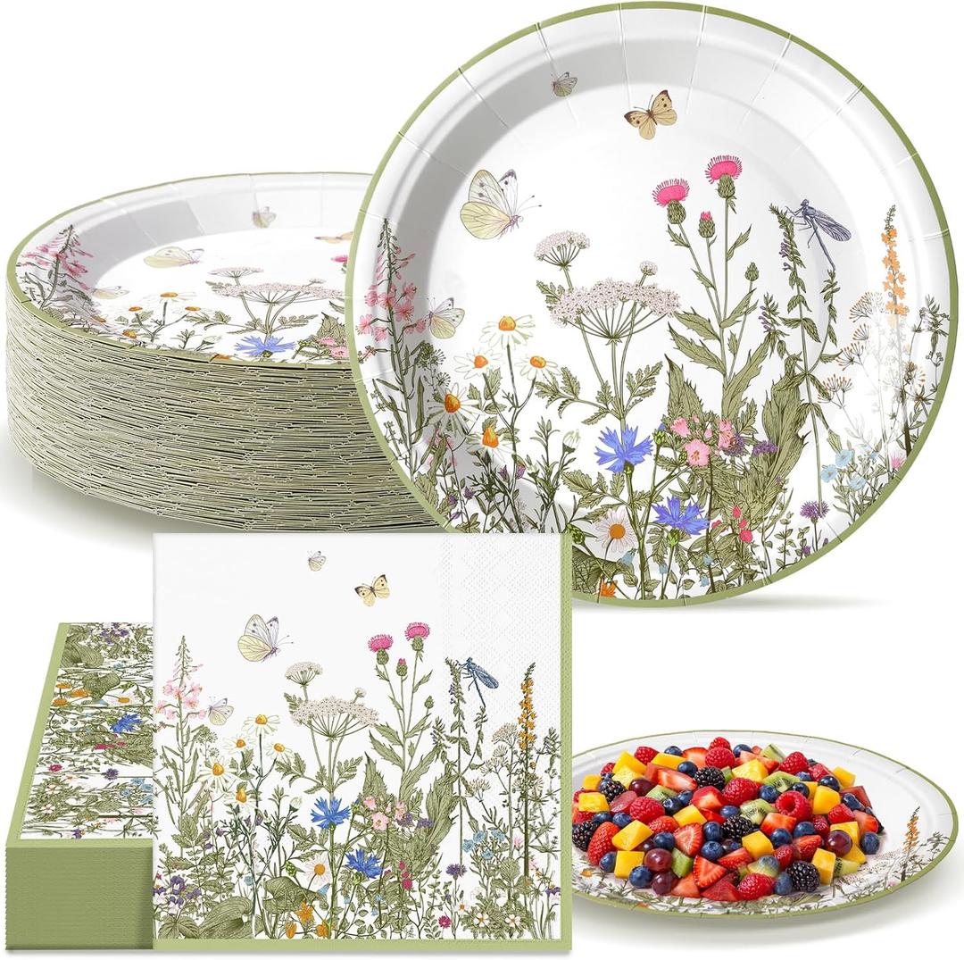 Qinyoung 100 Pcs Floral Tea Party Plates and Napkins Sets Wildflower Party Supplies Floral Paper Plates and Napkins Disposable Spring Themed Baby Shower Tableware for Summer Wedding, Serve 50 Guests