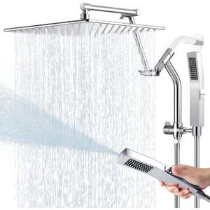 All Metal 10 Inch Rain Shower Head with Handheld Built-in Power Wash Mode, High Pressure Waterfall Rainfall Square Shower Heads with 16" Adjustable Extension Arm, Dual Showerhead(Chrome)