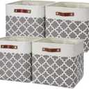 Temary 131313 Foldable Storage Cube Baskets Fabric Cube Storage Basket for Organizing Cloth Storage Bins with Leather Handles for Gifts Empty, Closet (Grey Lattice)