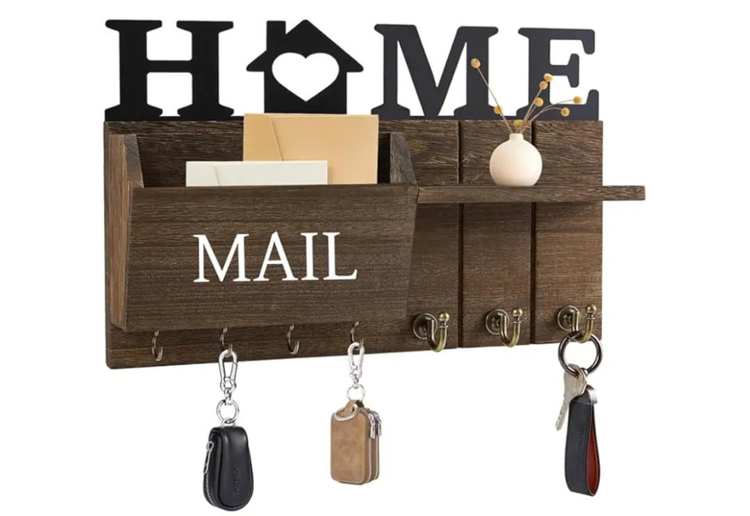 Key and Mail Holder for Wall, Farmhouse Mail and Key Organizer, Wood Mail Sorter with 7 Key Hooks for Doorway Entryway Hallway, Brown
