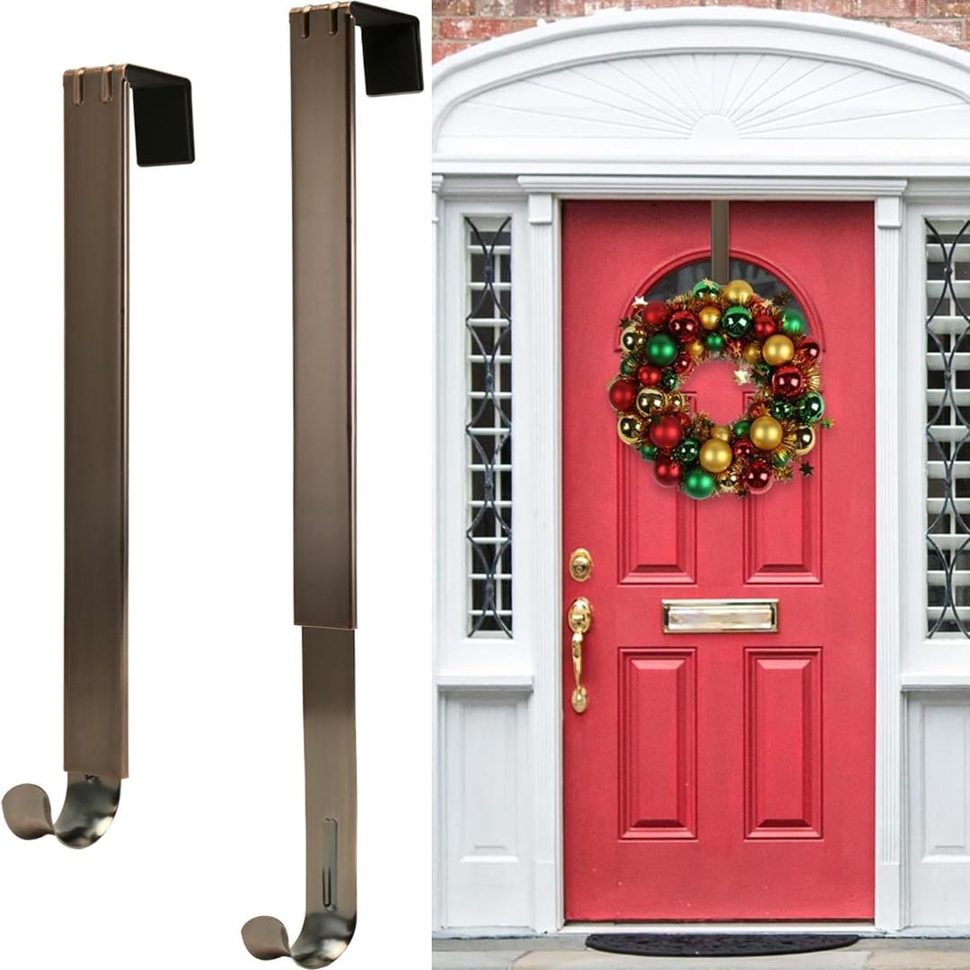 HEYHOUSE Wreath Hanger,2 Pack Christmas Halloween Decorations Adjustable Wreath Hanger for Front Door Decor from 14.9-25", Over The Door Hooks Organizer 20 lbs Larger Hooks Outside Decorations (Bronze-15.6IN-2Pack)