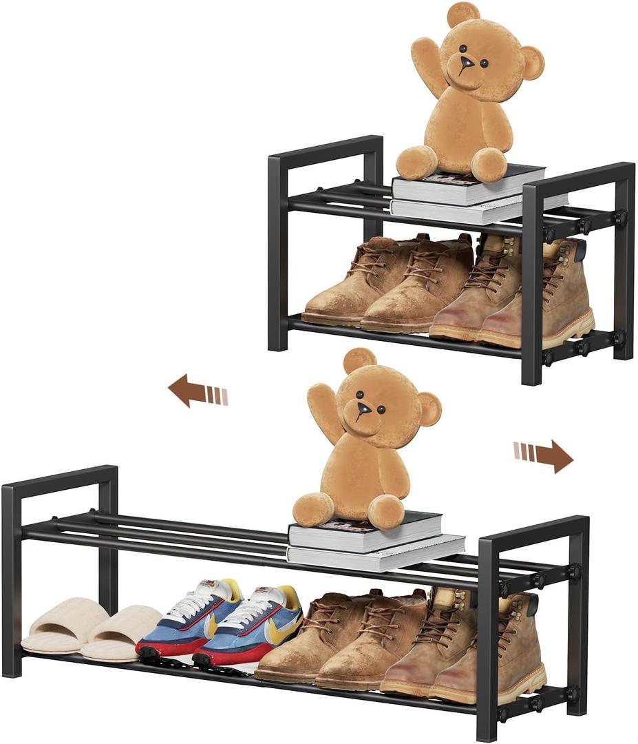 HDDTTZ 2-Tier Expandable Shoe Rack,Adjustable Shoe Shelf Storage Organizer Heavy Duty Metal Free Standing Shoe Rack for Entryway Closet Doorway (Black)