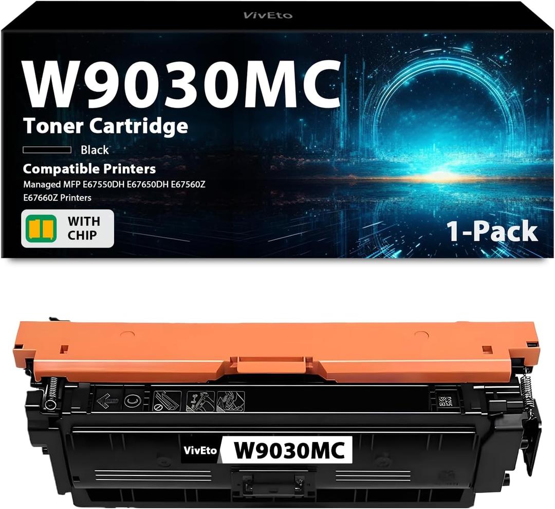 W9030 W9030MC Black Toner Cartridge (New Chip) Replacement for HP W9030MC Toner Cartridge for Color Laser MFP E67550 E67650 E67560 E67660 E67550dh E67650dh E67560z E67660z Printer Ink, 1 Pack