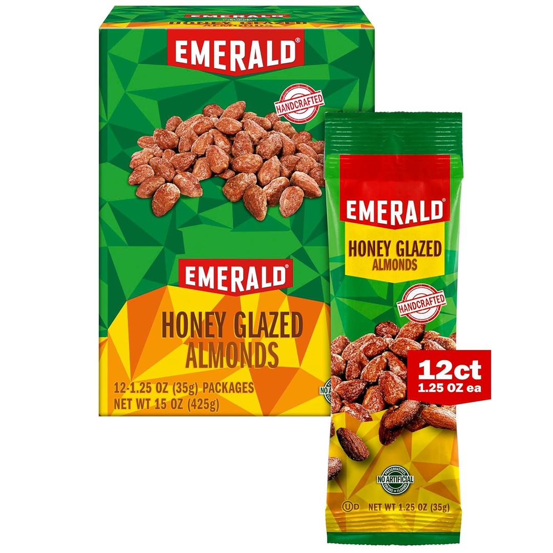 Emerald Nuts Honey Glazed Almonds 12 Ct (1-Pack) | 1.25 Oz Individual Snack Tubes | Kosher Dairy Certified, Non-GMO, Contains No Artificial Preservatives, Flavors or Synthetic Colors, BB Date: 04/07/26