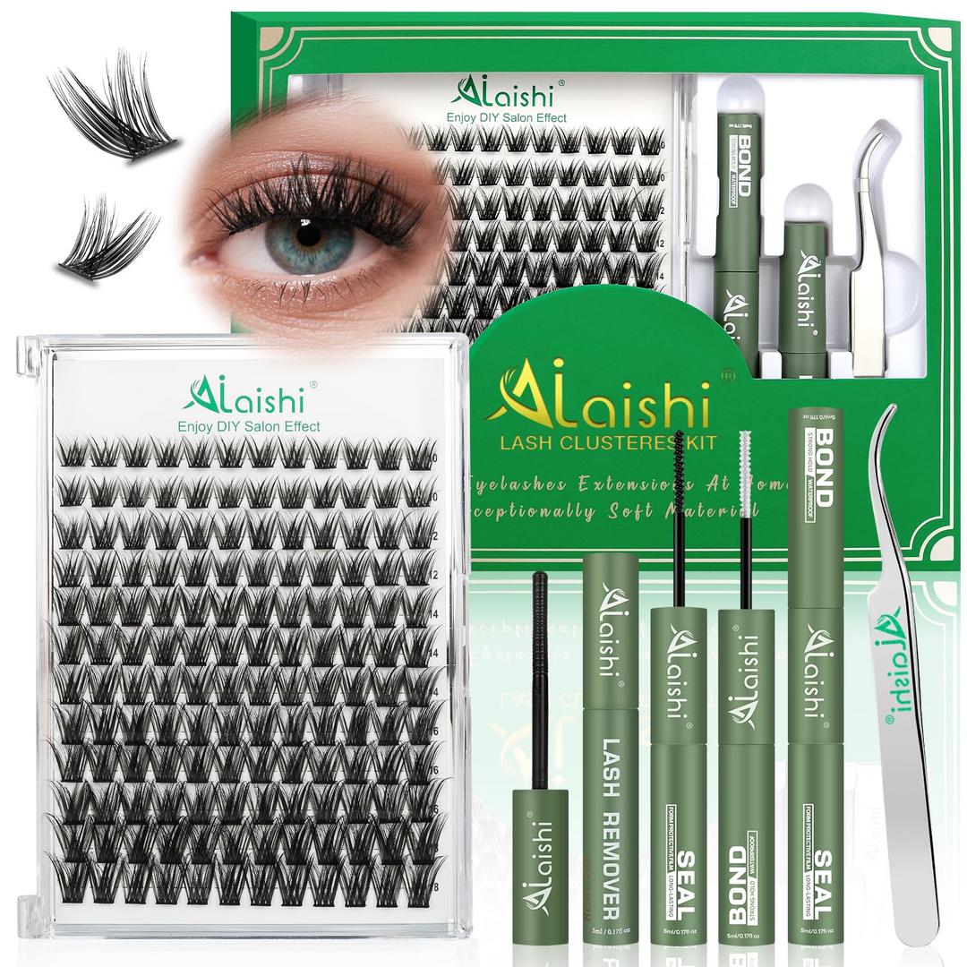 Lash Clusters Kit, DIY 3D Cluster Eyelash Extensions 10‑18mm,144pcs Fluffy D Curl Soft Natural Lashes with Bond and Seal,Remover,Tweezers, Natural Fake Cat Eye Wispy Individual Clusters