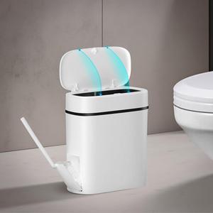 Bathroom Trash Can with Lid, 14 Liter/ 3.7 Gallon Bathroom Trash Can and Toilet Brush Set for Restroom, Bedroom, Living Room, Office, White Lid