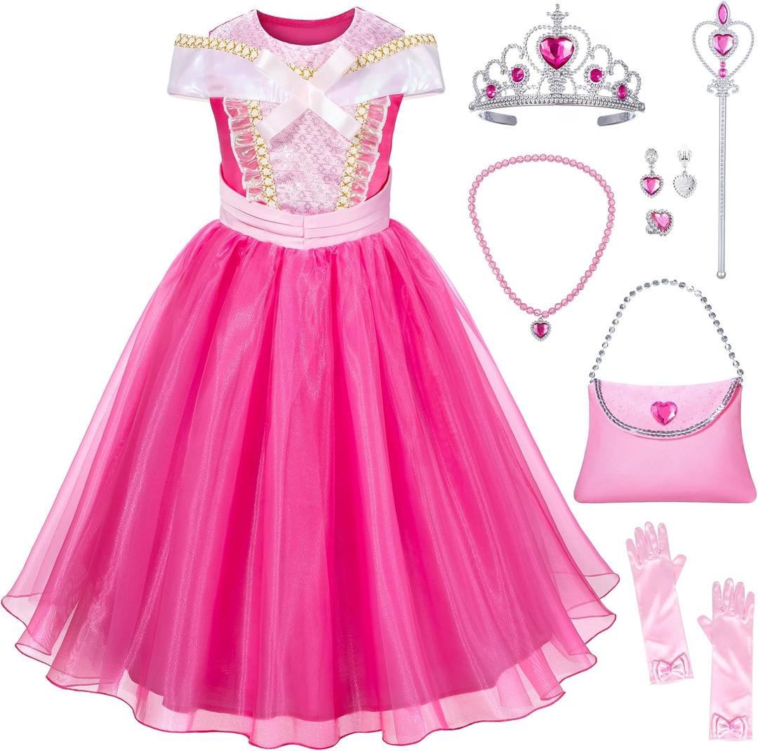 Pink Princess Costume Dress for Girls - Sleeping Beauty Dress with Accessories (10-11 Years)