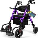Foldable Rollator Walker for Seniors with Seat, Lightweight 2 in 1 Rolling Walkers Wheelchair Combo for Adult, Transport Chair with Brakes, Adjustable Seat and Handle, 300 Lb. Weight Capacity, Purple