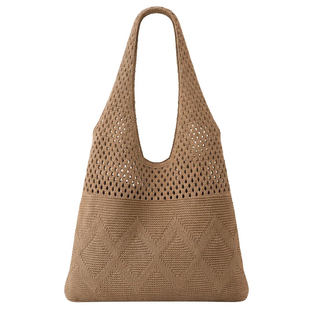 SUOSDEY Crochet Knit Mesh Beach Tote Bag for Women, Summer Aesthetic Vacation Boho Tote Bag,brown