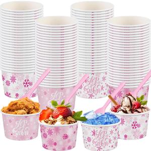 100 Pcs Pink Snowflake Soup Cups with Spoons 9 oz Winter Disposable Ice Cream Bowls Valentine's Day Paper Treat Snack Dessert Cups for Winter Holiday Hot or Cold Food Party Favor Supplies