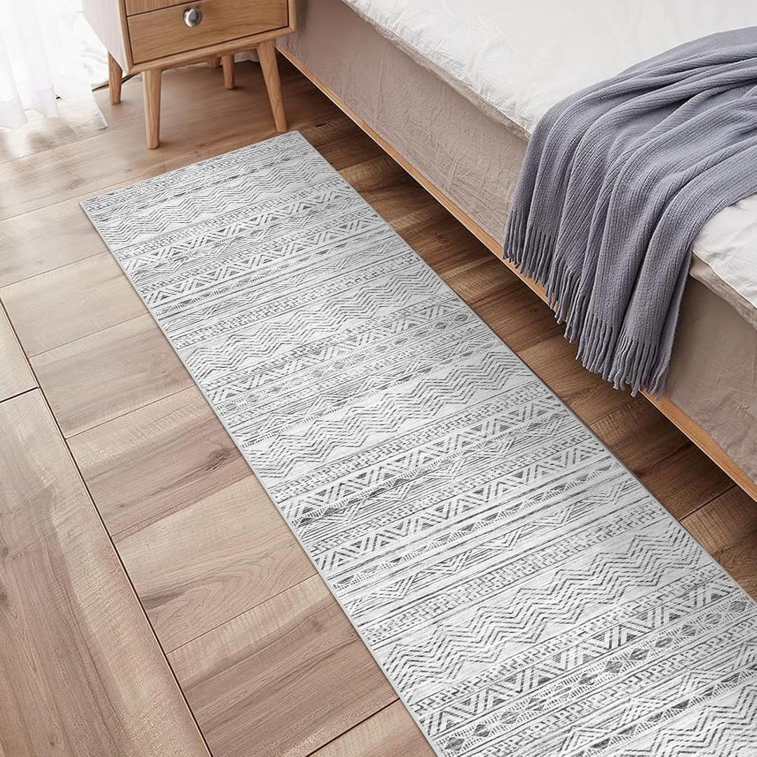 Moroccan 2'6"x8' Kitchen Runner Rug- Washable Rugs for Living Room Non Slip Floor Carpet Rubber Backing Hallway Rug with Low Pile Bedroom Mat 2'6"x8' Gray (Grey)