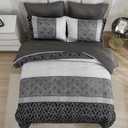 Dinjoy Queen Comforter Set Dark Gray Boho,Soft 7 Piece Bed in a Bag Queen Size Lightweight Black Bedding Sets Striped Comforters with Plaid Bed Set with Sheets for Men All Season