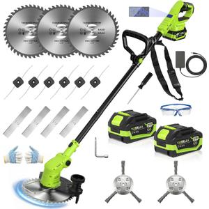 21V Lightweight Weed Wacker, Cordless String Trimmer & Brush Cutter with Edging Wheels, 4-in-1 Electric, 2x 4.0Ah Battery & LCD Display & Strap, Foldable Edger with Wire Brush for Patio & Yard
