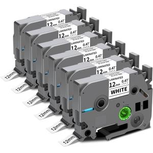 6-Pack TZe-231 TZ Tape 12mm 0.47" Laminated White P Touch Label Compatible for Brother P Touch Label Maker Tape for PTouch Label Maker PTD210 H110 D220 D600 D400 D410 2040, Black on White