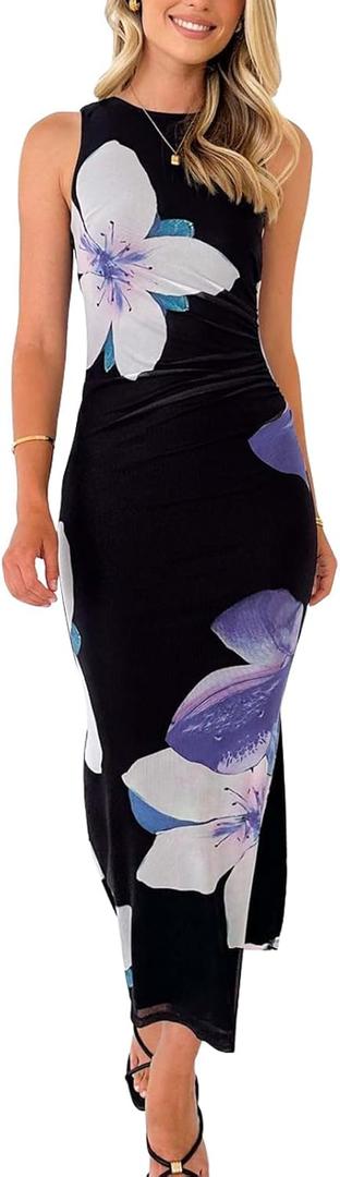 Bodycon Mesh Dresses for Women Sleeveless Midi Floral Tie Dye Dress Side Slit Wedding Cocktail Party Dresses (Large, Deep Purple)