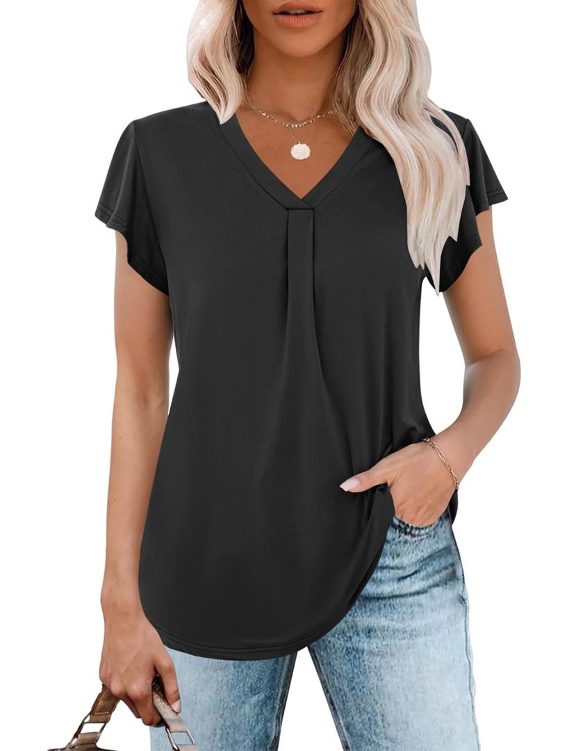 WNEEDU Flowy Tops for Women Summer Dressy Tunic flutter Sleeve V Neck Shirts Dressy Blouses for Womens Loose Fit Black, medium
