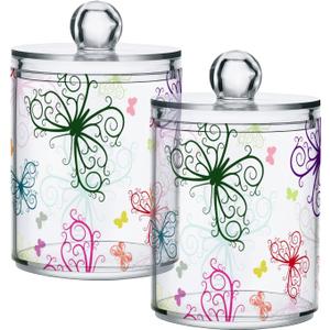 Qtip Holder with Lid Set, 10oz Clear Glass Canister Apothecary Jars Bathroom Organizers Storage Accessories Vanity Containers Colorful Butterfly, 2 Pack