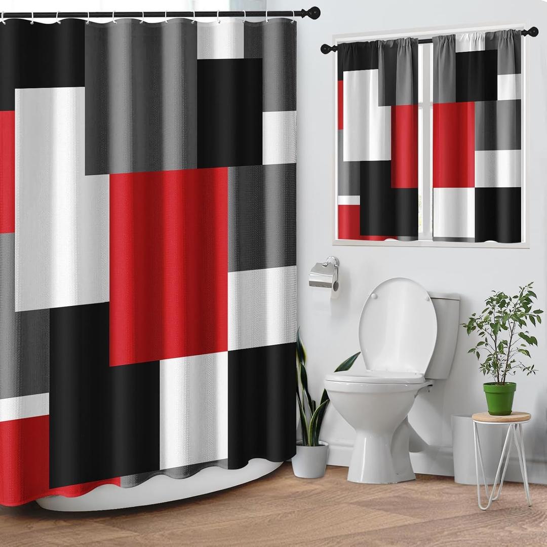 Geometric Red White Shower Curtain Set, Black and Gray Modern Bathroom Window Waterproof Shower Curtain Set for Bathroom Decor