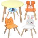 Svan Kids Wooden Animal Table & Chair Set w 3 Seats (Puppy Kitten & Bunny) & Adult Stool for Arts Crafts, Dining