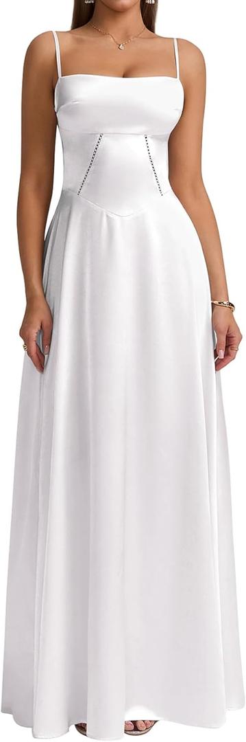 KUTUMAI Satin Maxi Dress Spaghetti Strap Lace Up Long Formal Dresses for Women Wedding Guest Cocktail Evening Prom (White, S)