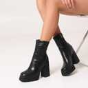 Wetviro Women's Platform Ankle Boots Chunky High Heel Square Toe Stretchy Short Gogo Combat Boots Booties for Women (Black), US 8