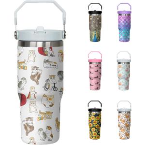30oz Cat Tumbler with Handle and Flip Straw, Stainless Steel Insulated Cup, Travel Coffee Mug Water Bottle, Birthday Mothers Day Chritmas Gifts for Women Animal Lovers