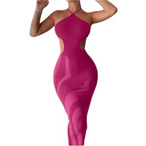 Milumia Women's Summer Beach Sleeveless Ribbed Tie Back Long Cut Out Halter Backless Maxi Bodycon Dress (Hot Pink)