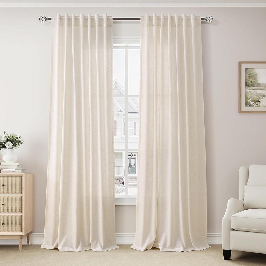Cream Semi Sheer Textured Linen Curtains 84 Inches Length Long, 2 Panels Set for Bedroom Dining Living Room, Back Tab, Rod Pocket, Clip Rings Light Filtering Window Drapes, W52 x L84, Natural