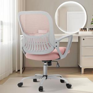 Sweetcrispy Office Computer Desk Managerial Executive Chair, Ergonomic Mid-Back Mesh Swivel Rolling Work with Wheels, Comfortable Lumbar Support, Comfy Arms for Home, Bedroom, Study, Student, Black (Pink)