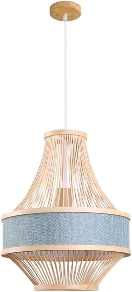 Bamboo Light Fixtures Chandelier Bamboo Wooden Pendant Light with Blue Fabric Lantern Lampshade Kitchen Island Decoration Chandelier Bamboo Wicker Light for Dinging Room, Farmhouse, 40*43cm