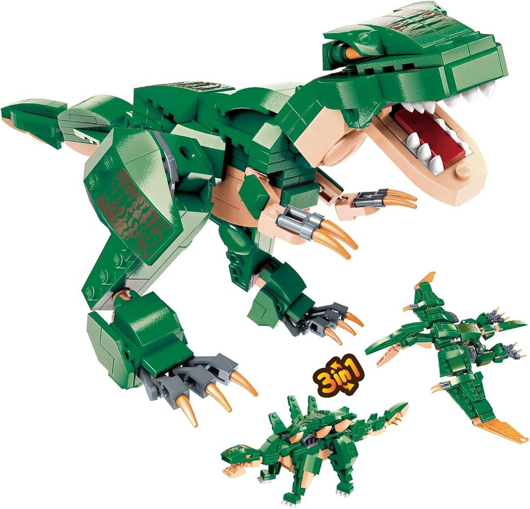 3 in1 Dinosaurs Building Blocks Toys for Kids Age 6-10 Year Old, Educational Building Sets Best Gifts for Boy 6-10 (Green)