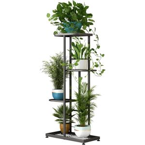 LINZINAR Plant Stand Indoor Outdoor Metal 4 Tier 5 Potted Multiple Flower Pot Holder ShelfPlanter Display Shelving Unit for Patio Garden Corner Balcony Living Room (Dark Grey)