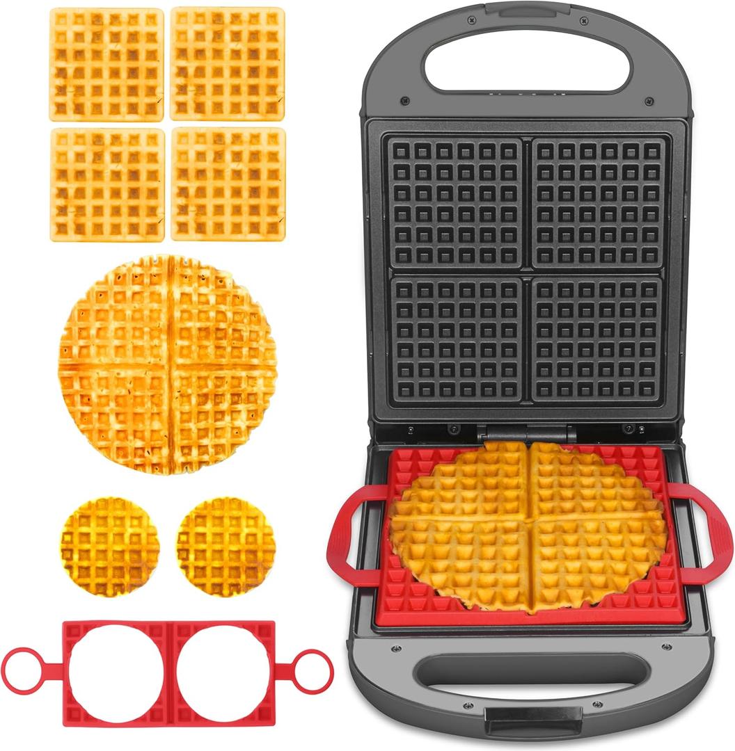 Baker's Friend Multi Shapes Waffle Iron, A Combo of Mini Waffle Maker, American Classic Waffle Maker, Belgian Waffle Machine Thick & Chaffle Maker, Waflera Electrica, With 2 Silicone Molds, Graphite