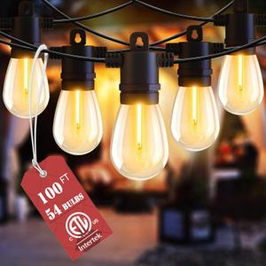 Outdoor String Lights, 100FT Patio With 54 S14 Vintage Waterproof & Shatterproof LED Bulbs, 2700K Hanging for Outside Backyard Cafe Garden Bistro (2Pack 50FT) (S14 100FT 54 Bulbs)