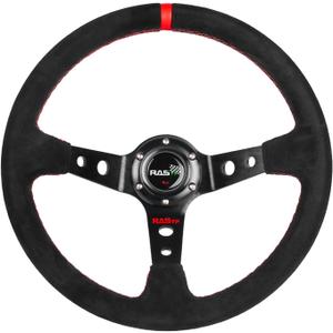 RASTP Universal Racing Steering Wheel Suede Deep Dish 13.58/345mm 6 Bolts with Horn Button Include Cable, Wrench,Red