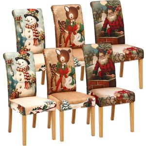 6 Pieces Christmas Dining Chair Covers Removable Washable Stretch Christmas Chair Covers with Santa Claus Elk Snowman Chair Protector Slipcovers for Xmas Kitchen Holiday Party Home Decor
