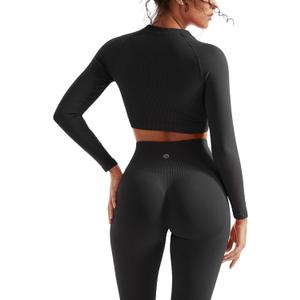 SUUKSESS Women 2 Piece Workout Sets Hidden Scrunch Hip Lifting Seamless Leggings Long Sleeve Yoga Crop Tops (Large, Black)