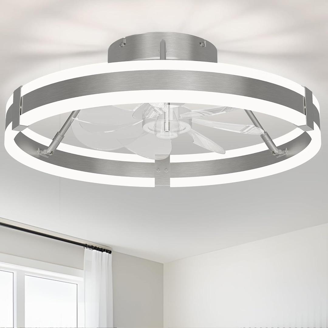 Flush Mount Ceiling Fan with Lights ,19.7'' 3000-6000K 6Speed Dimmable Modern Enclosed Led Ceiling Fan , Reversible DC Motor Bladless Low Profile Ceiling Fans for Bedroom, Kitchen,Home, Office (Nickel Brush-Style 2)