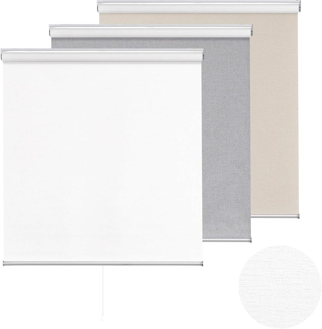 ChrisDowa Cordless 100% Blackout Roller Shade, with Striped Jacquard, Thermal Insulated, UV Protection Fabric, Total Blackout Blinds for Window, French Doors, Home and Office. White, 25" W x 72" H