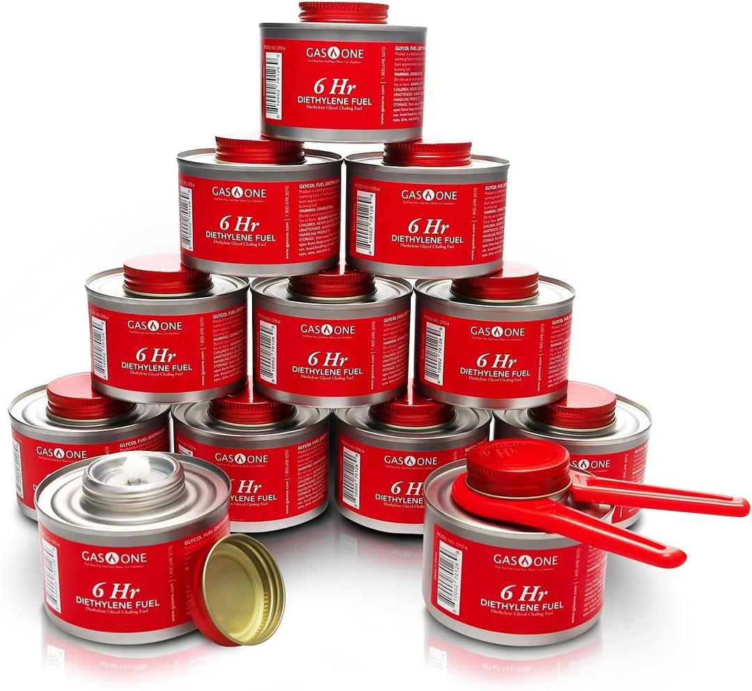 Gas One 12 Pack 6 Hour Chafing Fuel - Food Warmer for Chafing Dish Buffet Set - Reusable Liquid Safe Fuel With Wick & Lid Opener