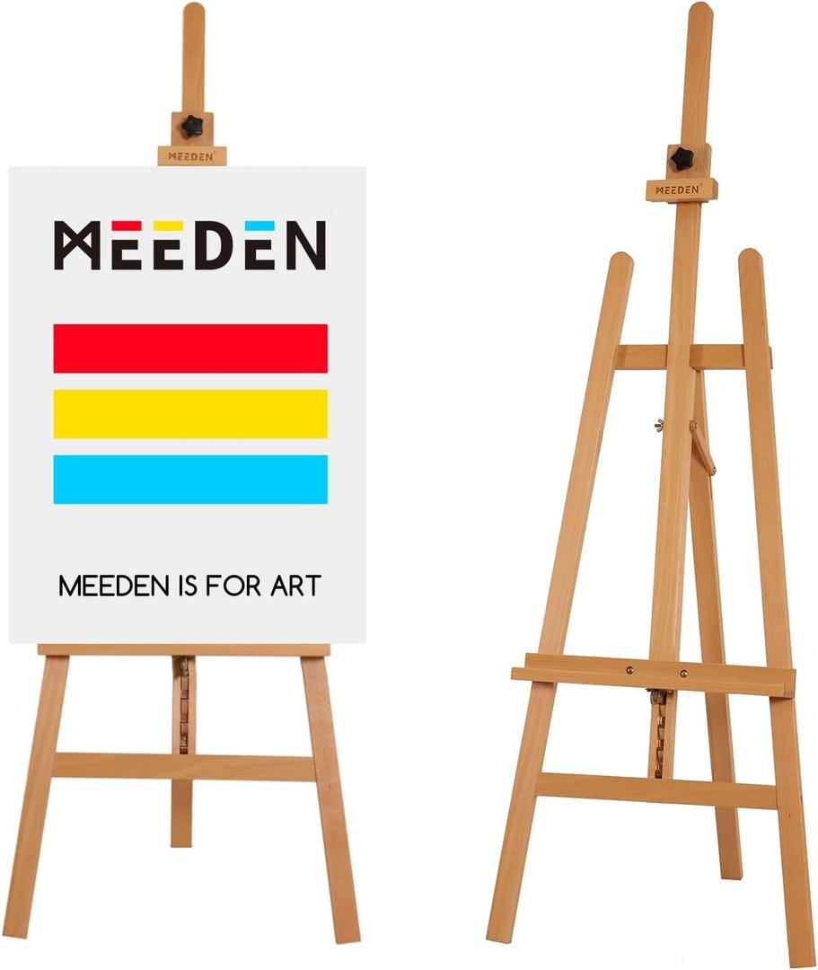 MEEDEN Painting Wooden Art Easel: Solid Beechwood Display Easel Stand Hold Canvas up to 43'' - Adjustable Easel from 57''-76" for Adults Student Studio Gallery - Natural, 22.4 x 25.2 x 57 inches
