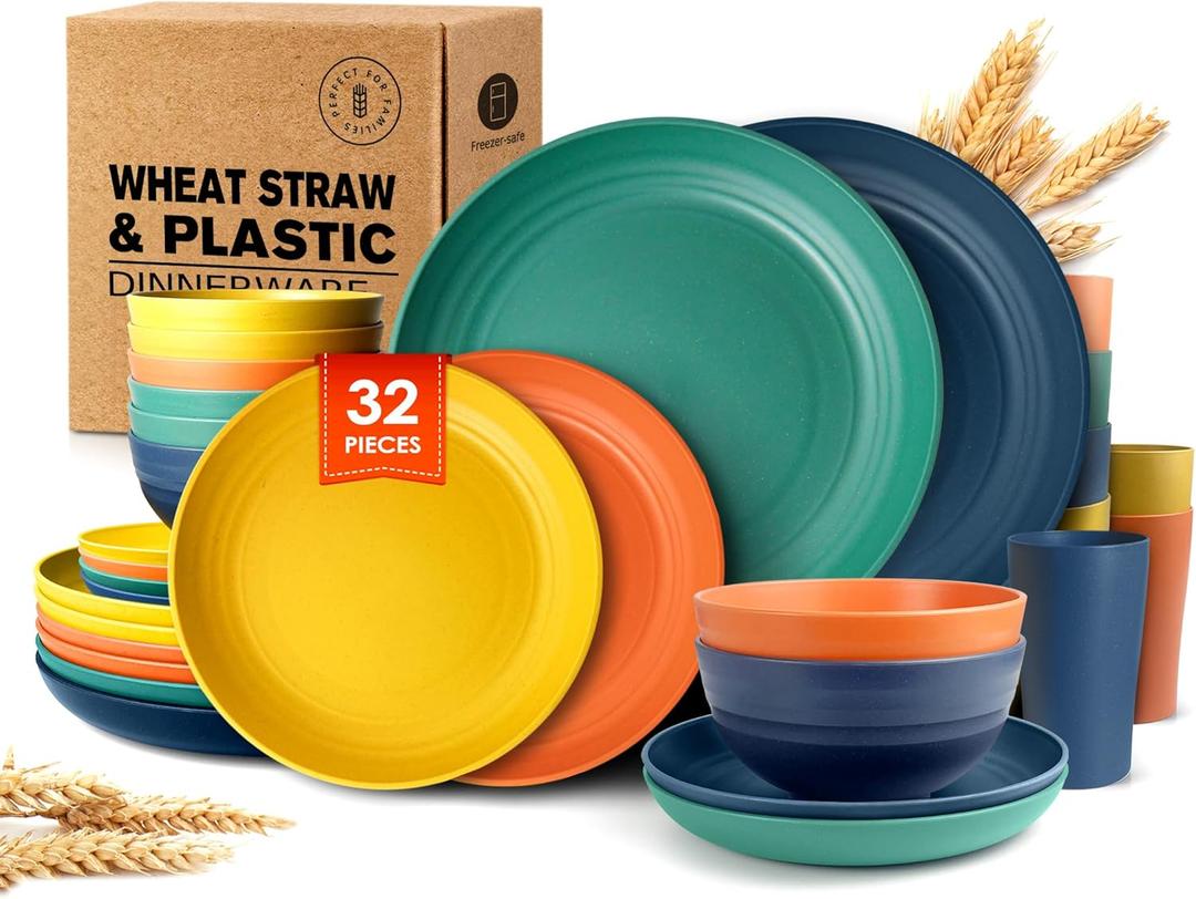 Teivio 32-Piece Kitchen Plastic Wheat Straw Dinnerware Set, Service for 8, Dinner Plates, Dessert Plate, Cereal Bowls, Cups, Unbreakable Colorful Plastic Outdoor Camping Dishes, Autumn Multicolor