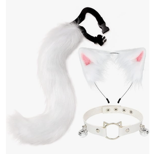 Cat Ears and Wolf Fox Animal Tail Cosplay Costume Faux Fur Hair Clip Headdress Halloween Leather Neck Chocker Set