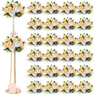 Hotop 24 Pcs Flower Balls Wedding Rose Centerpieces Silk Flower Kissing Balls Arrangement Artificial Hydrangea Flower Bouquet Faux Rose Floral Decoration (Champagne,White)