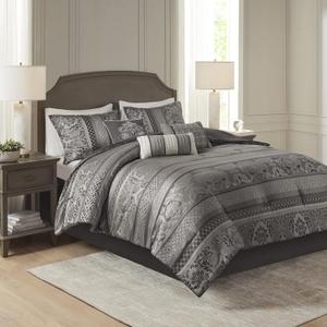 Madison Park Bellagio Cozy Comforter Set - Luxurious Jaquard Traditional Damask Design, All Season Down Alternative Bedding with Matching Shams, Decorative Pillow, King(104"x92") , Grey 7 Piece