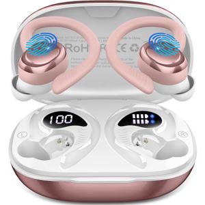 Wireless Earbuds Sport, New Bluetooth 5.4 Headphones with Earhooks, 50H Stereo Deep Bass Over Ear Buds with 4 ENC Noise Canceling Mics, IP7 Waterproof Earphones for Running Workout Gym -Rose