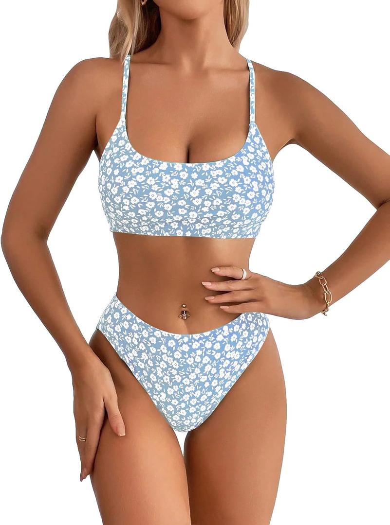 SweatyRocks Women's 2 Piece Bikini Set Ditsy Floral Print High Cut Bathing Suit Beachwear (Blue, Medium)