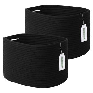 ECDYQXVU Cotton Rope Storage Basket, 15x10x9 Inches, Woven Basket for Shelves, Clothes, Towels, Books, and Laundry, Black (2 Pack)