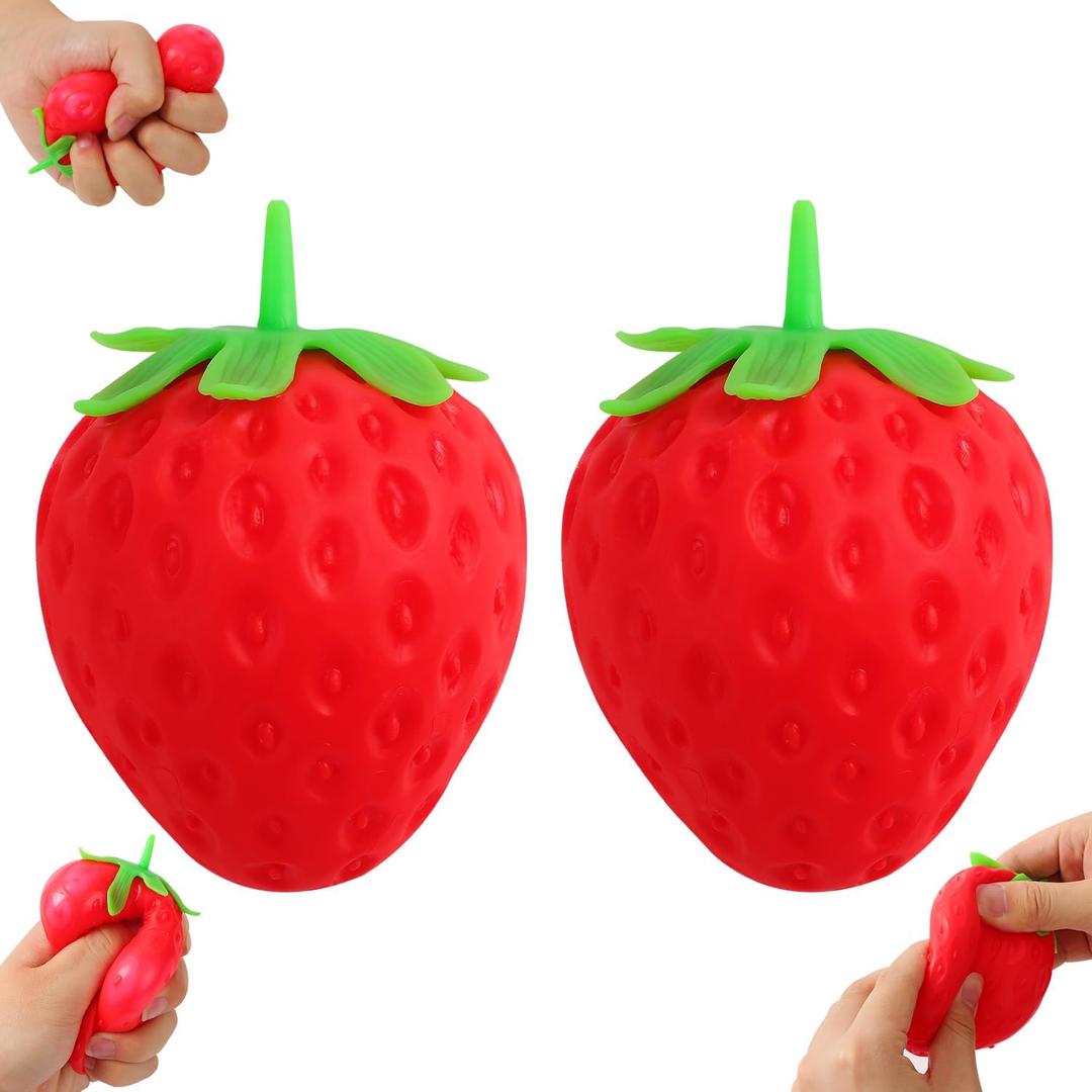 2PCS Squeezable Strawberry Toy, Squeezable Toy Fruit Ball, Realistic Slow Rise Pressure Relief Toy, Soft Squishy Party Favor for Adults