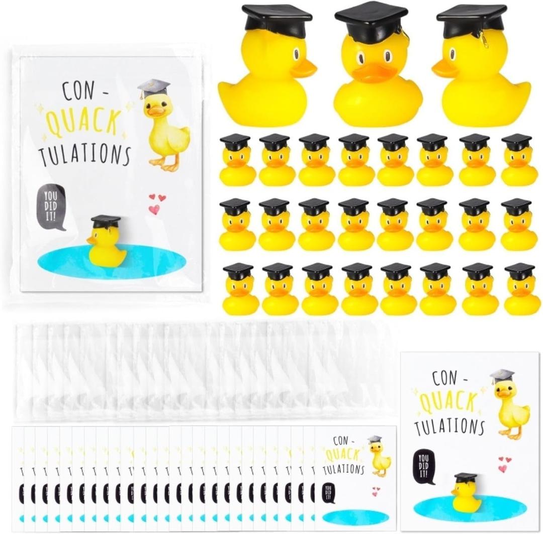 24 Pcs Graduation Ducks with Cap, Graduation Decorations Class of 2025, Heartfelt 'con Quack Tulations' Cards & Quick-Attach Foam Tape - Perfect for 2025 Graduation Gifts